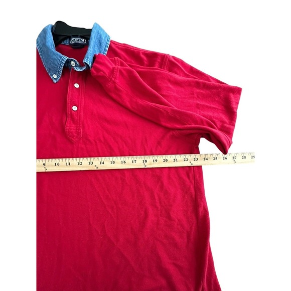LANDS END Shirt Men Large Rugby Polo Denim Collar Long Sleeve Pique Red #V4-5 - Picture 3 of 9
